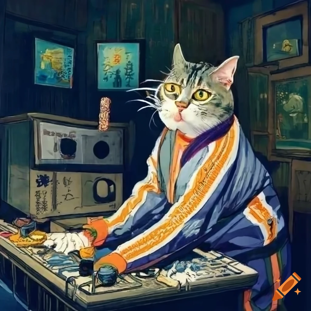 Cat in adidas tracksuit smoking cigar with vinyl records and turntables