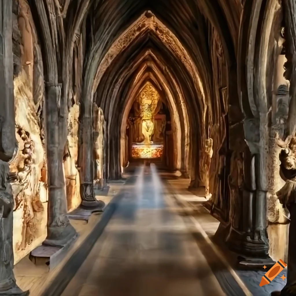 Vibrant scene of a Gothic Buddhist hermitage with monks studying and meditating