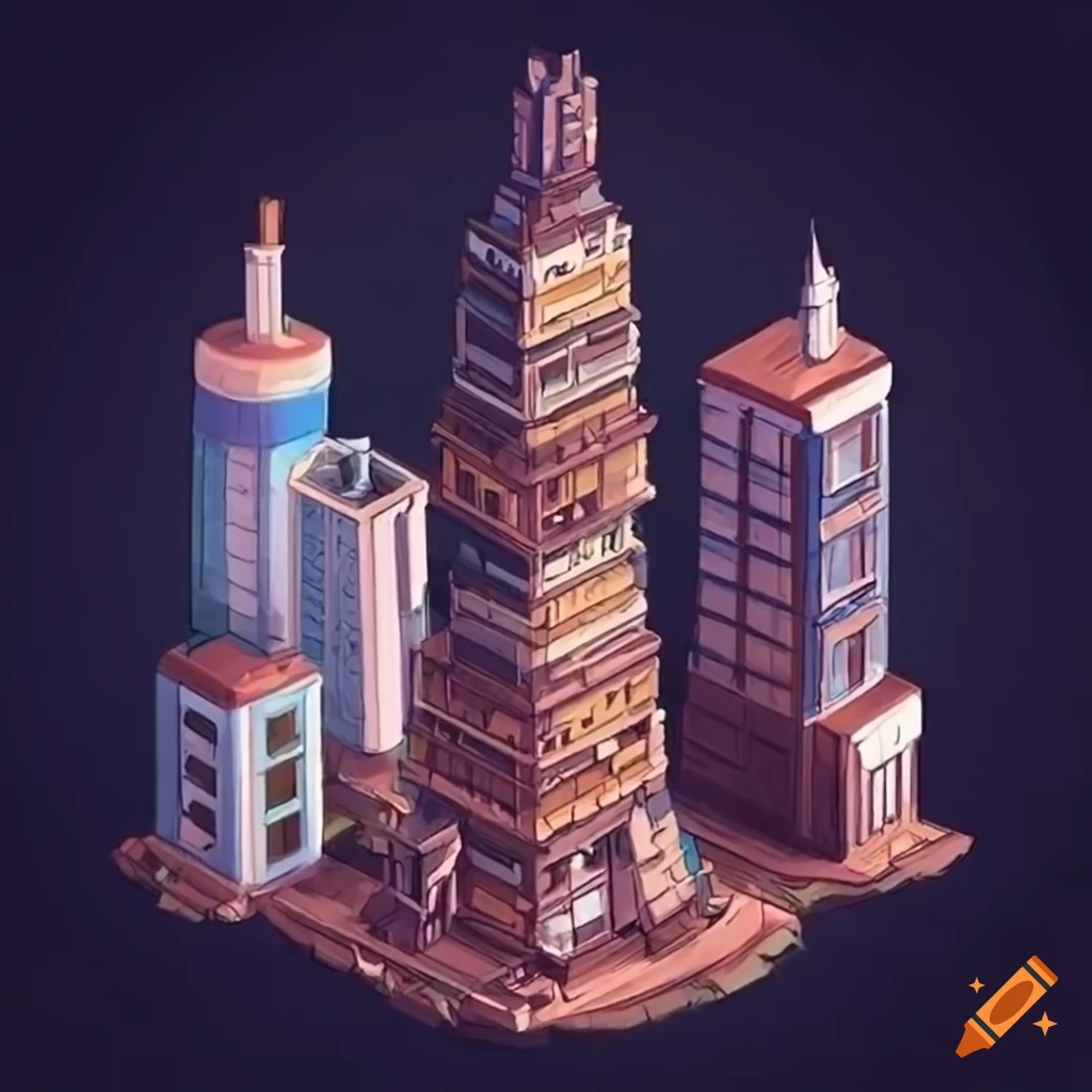Isometric sci-fi skyscrapers in studio ghibli style with a coffee cream palette