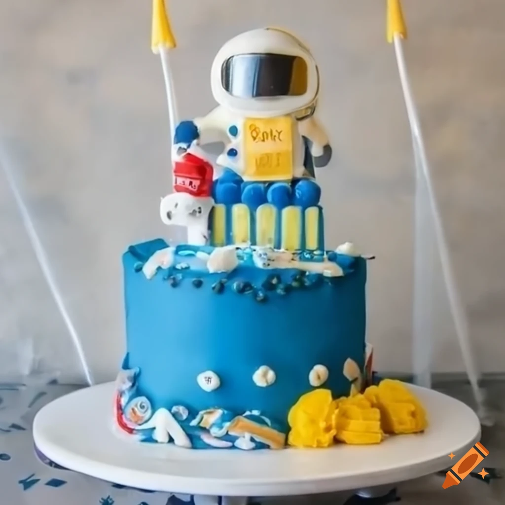 Astronaut themed birthday cake with astronaut helmet
