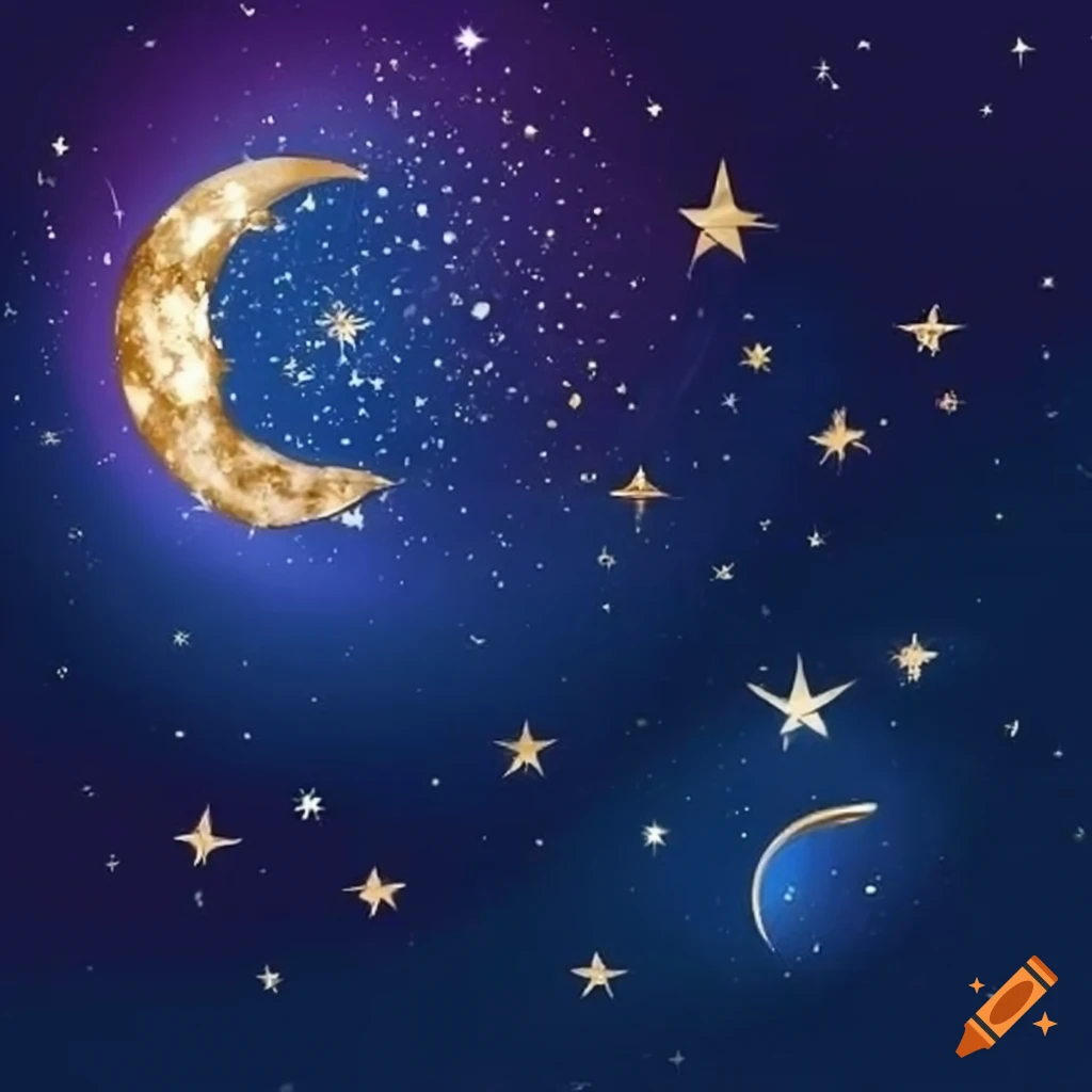 Celestial scene with pink and navy colors featuring a gold moon and stars