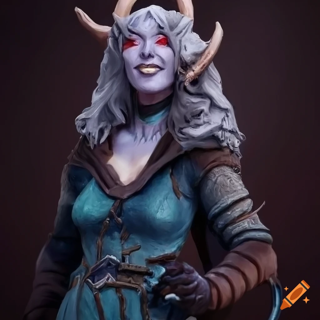 Intricately detailed 25-year-old tiefling rogue figure with blue-grey scaled skin