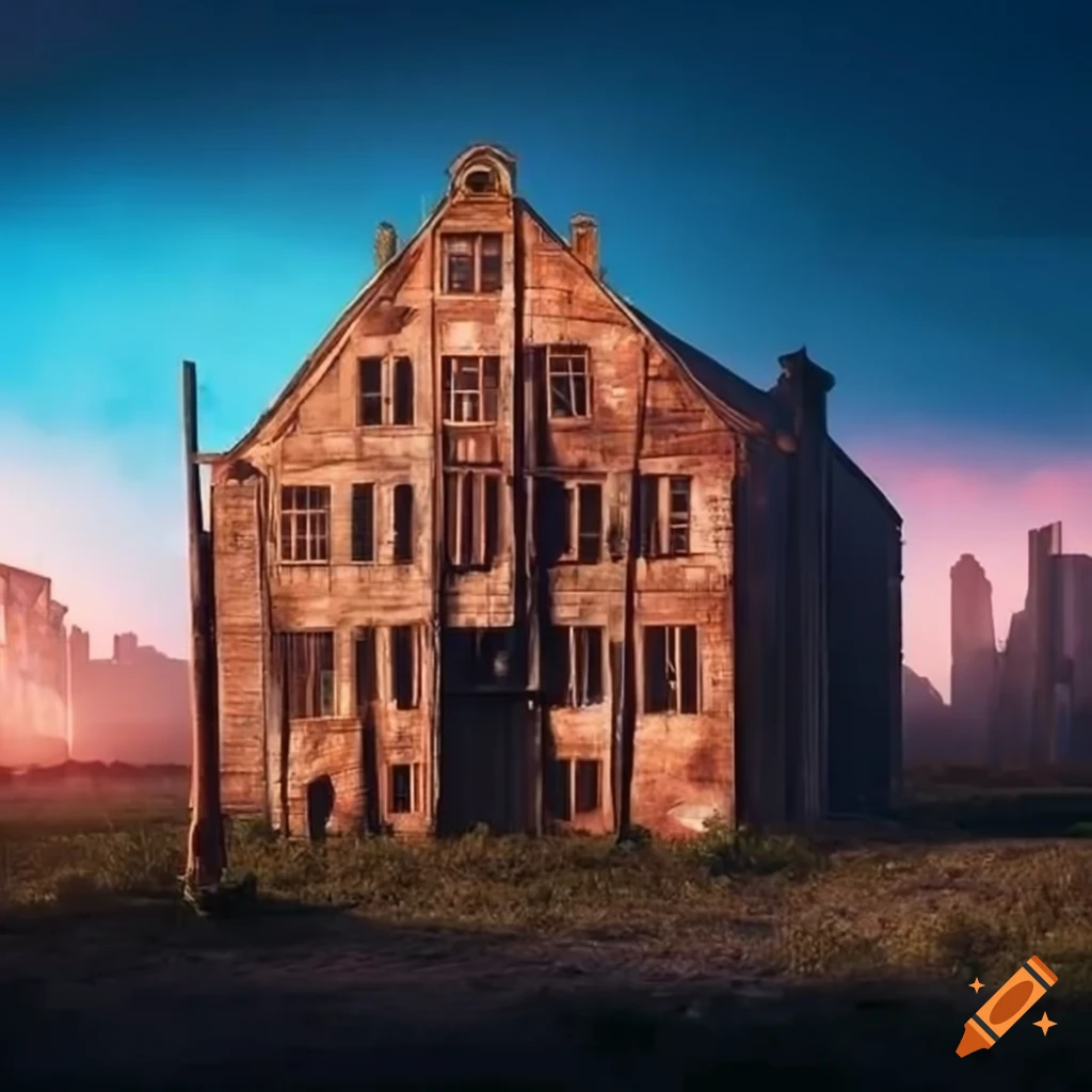 Slaughter house building in a hunger games arena with morning sky