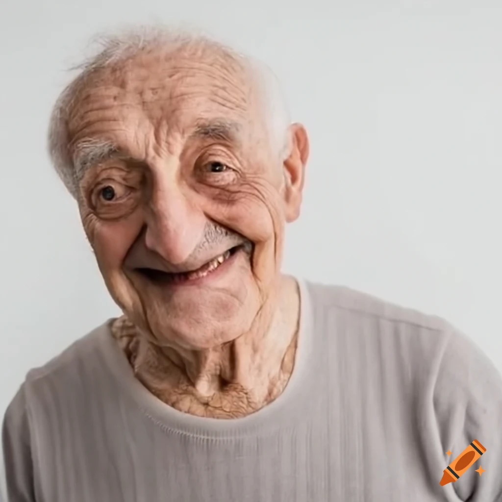 Elderly French man smiling on a light white background