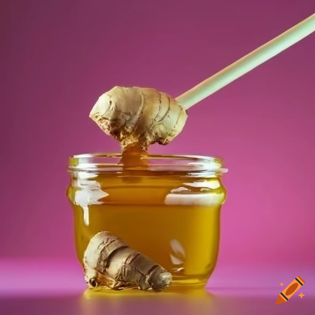 Ginger root drizzled in honey on a pink background