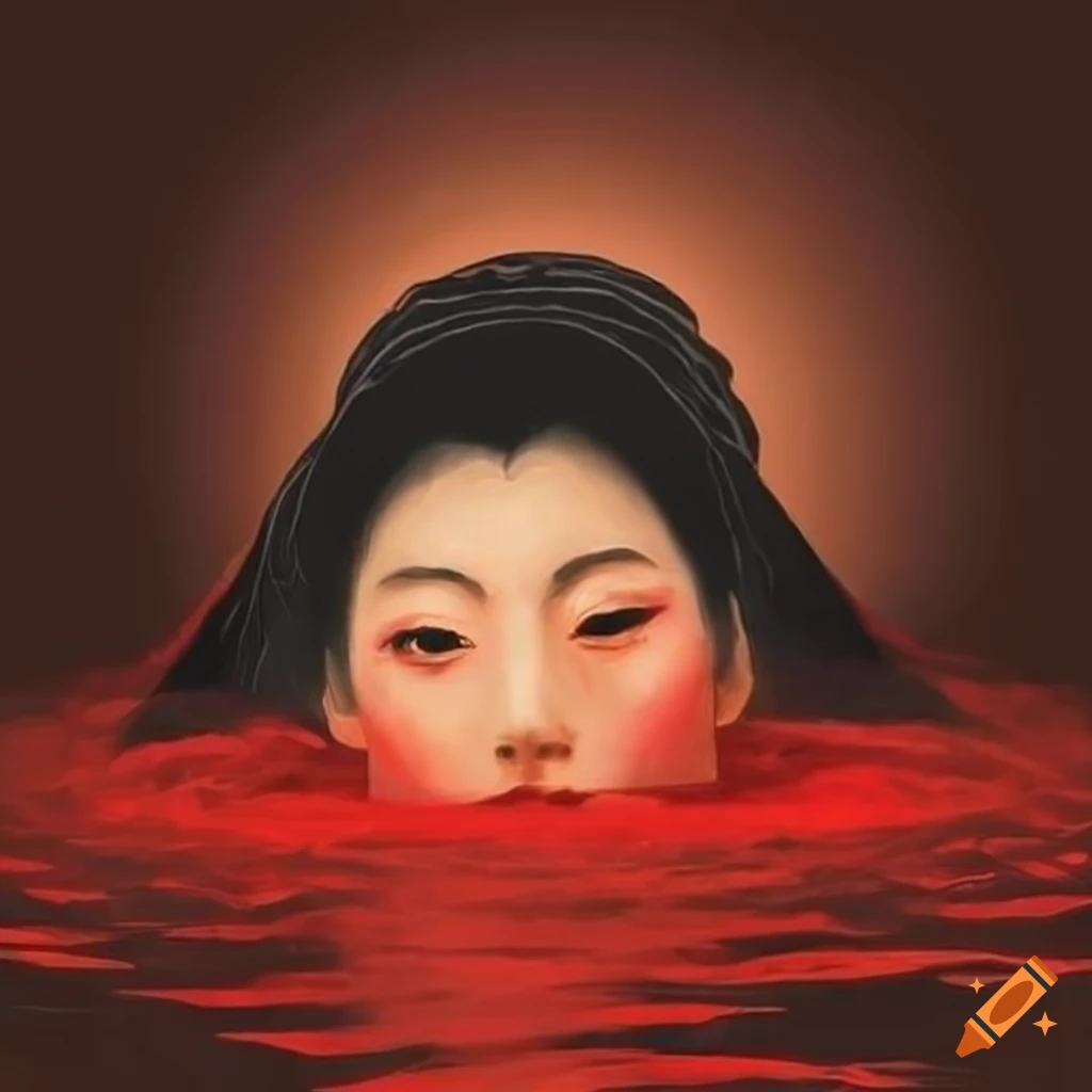 Woman floating in red water in Japanese art style