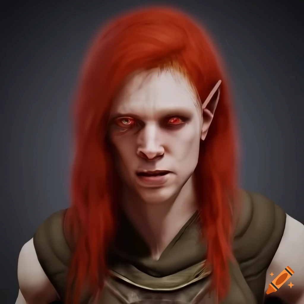 Pale white-skinned elf man with red hair and eyes in a grey background ...