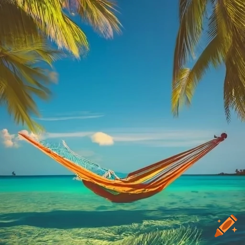 Tropical island with hammock between palm trees