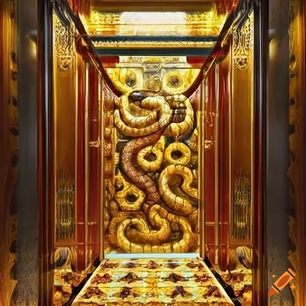 Elevator interior with snakes and golden forbidden fruit motifs