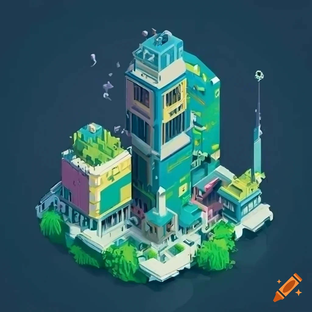 Isometric sci-fi skyscrapers with vegetation and bright colors in Studio Ghibli style