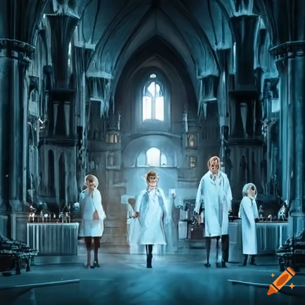 Group of scientists collaborating in a modern lab with a touch of Hogwarts
