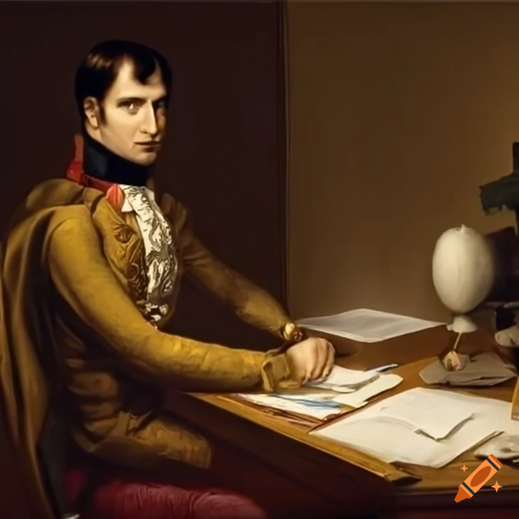 Napoleon Bonaparte in exile on St. Helena, writing at a table with scenic cliffs view