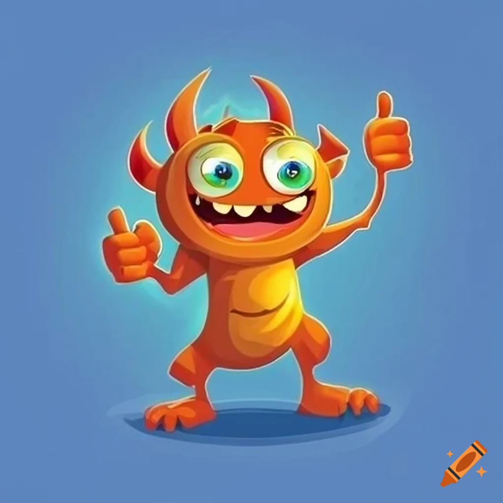 Cartoon cute monster mascot with a thumbs-up symbolizing growth and success