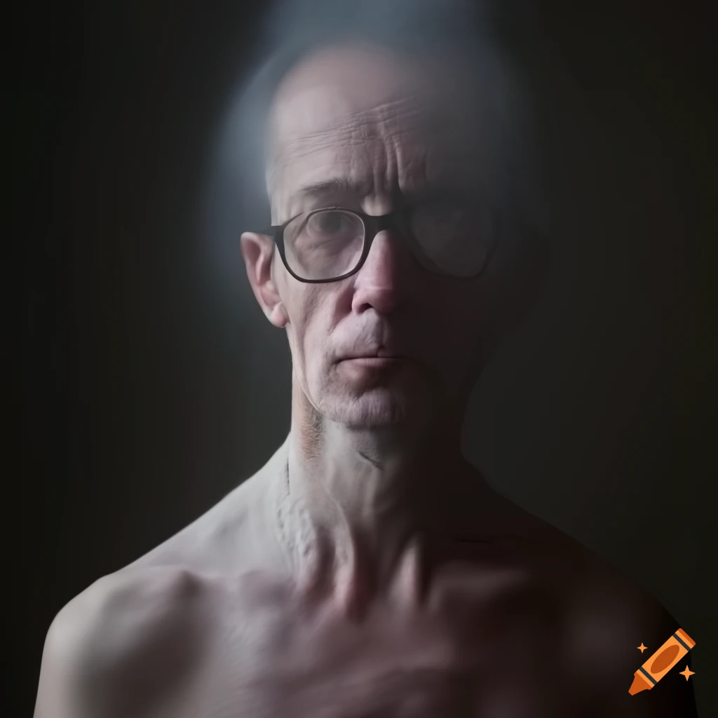 Portrait of a quirky 60-year-old man in a liminal fog at noon