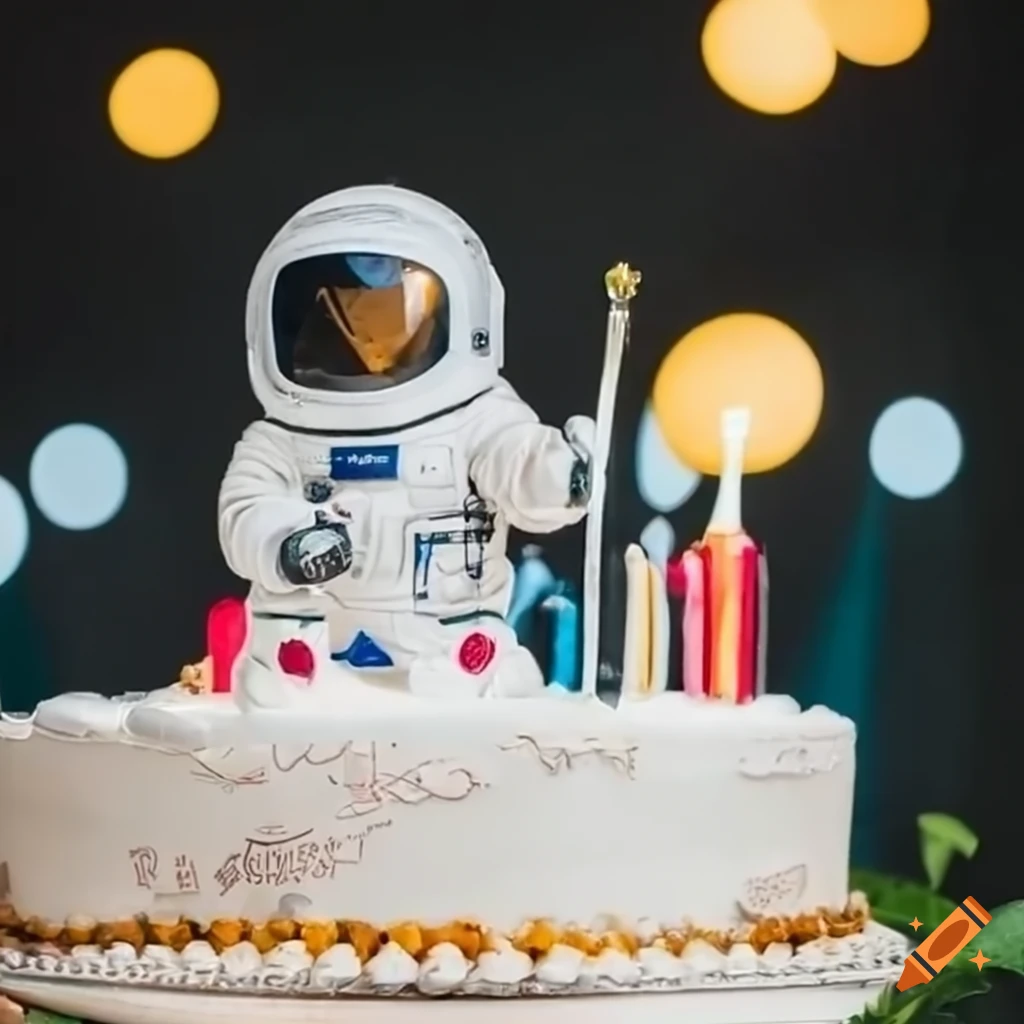 Astronaut themed birthday cake with astronaut helmet