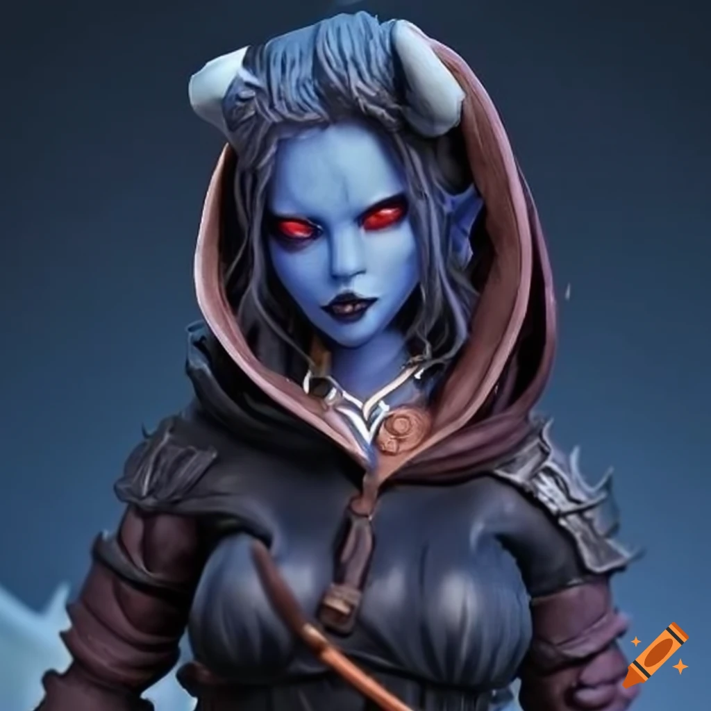 Highly detailed 25-year-old female tiefling rogue figure with a hood and dark blue skin