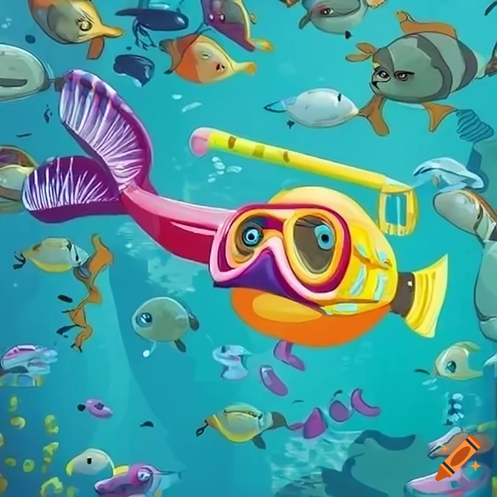 Kids fish snorkeling at a pool party in cartoon style