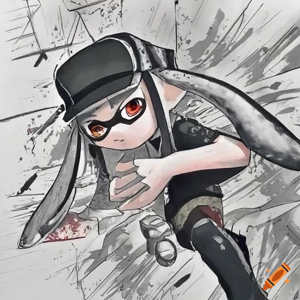 Highly detailed anime action shot of a Splatoon inkling girl with black hair and stylish outfit