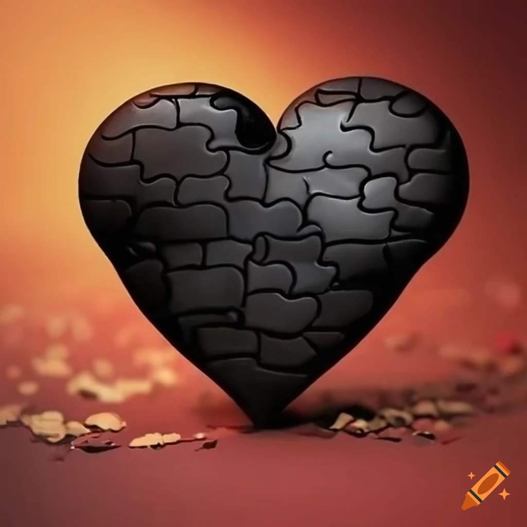Black and red heart puzzle piece falling away