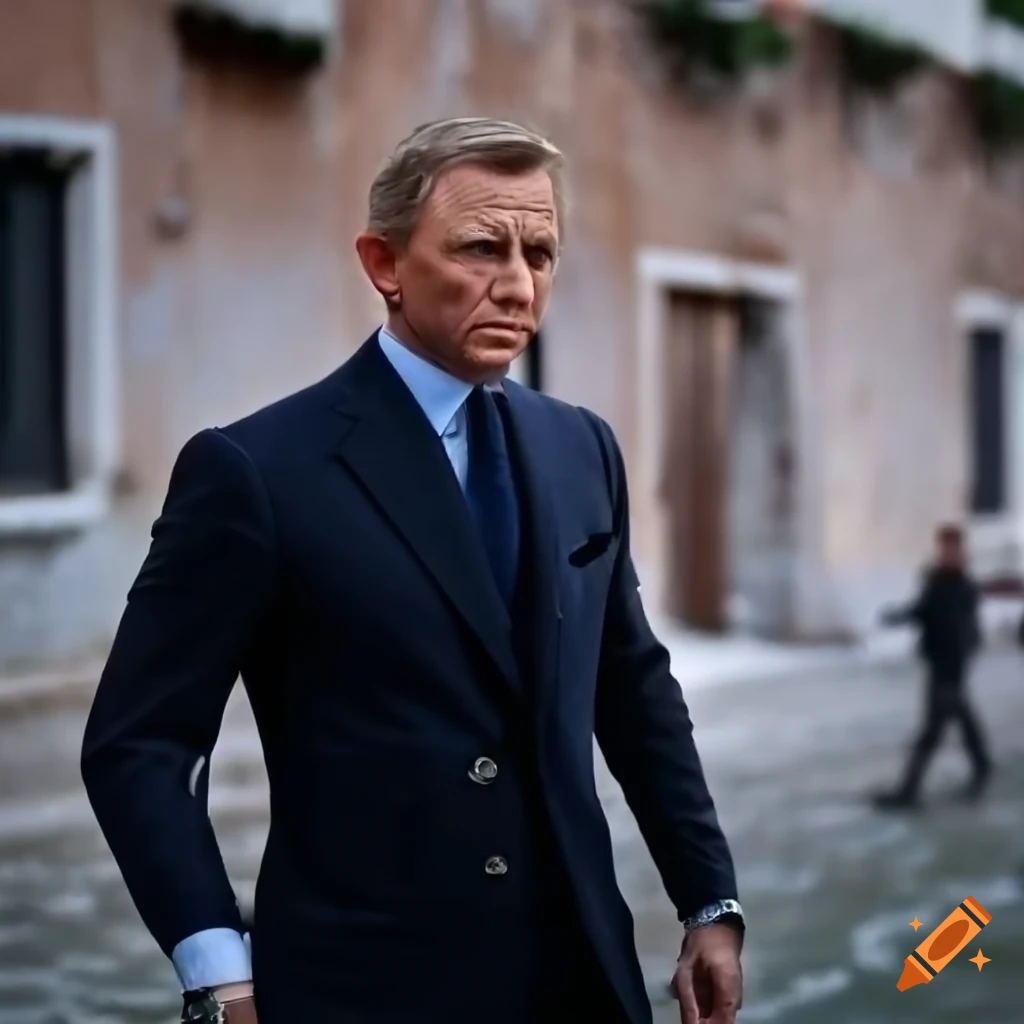 Iconic spy James Bond in suit exploring Venice canals