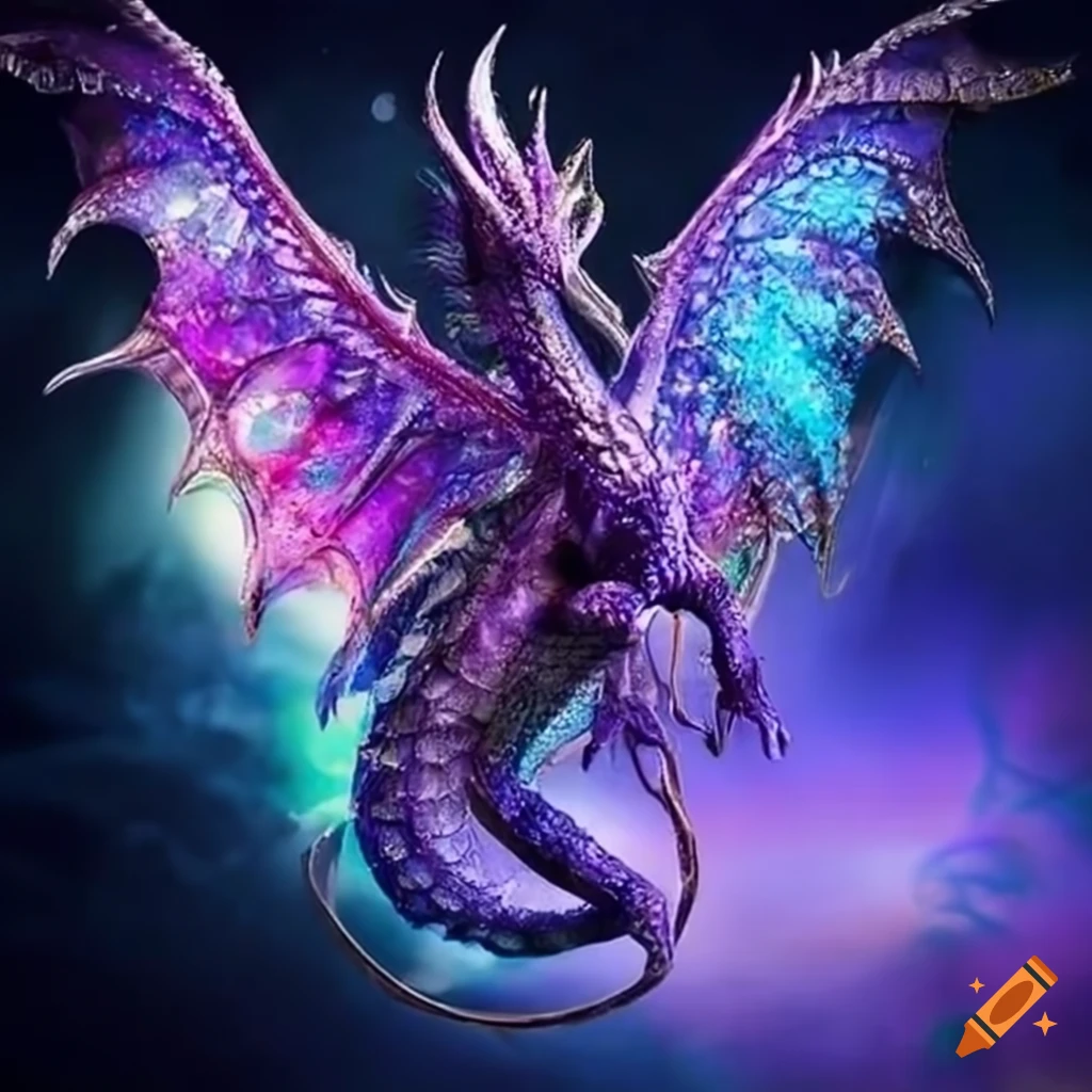 Ethereal dragon with starry wings and sparkling crystals