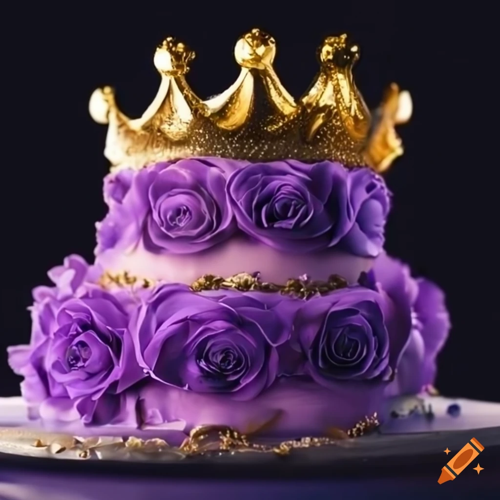 Purple flowers cake with gold crown