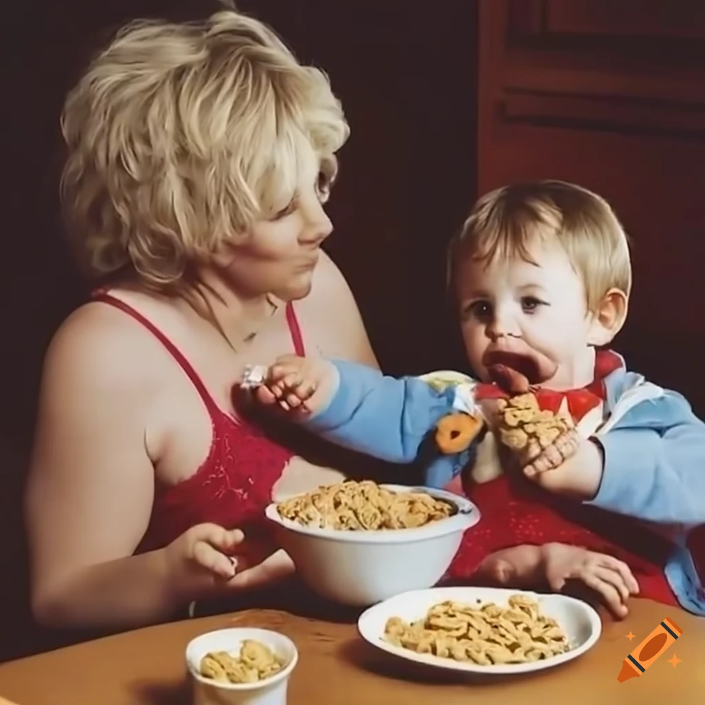 Mother feeding her son cereal at the table