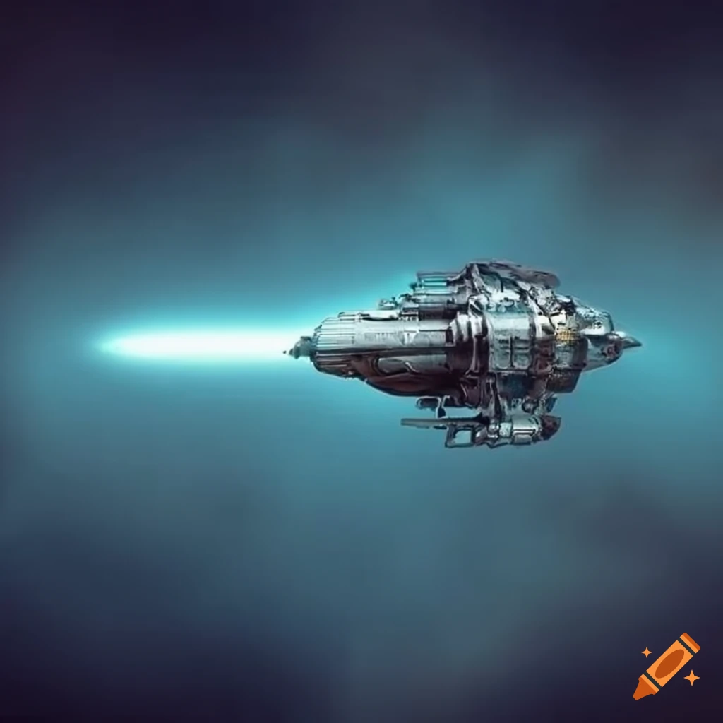 Surreal alien spaceship in space with silver cylindrical core and rocket engines
