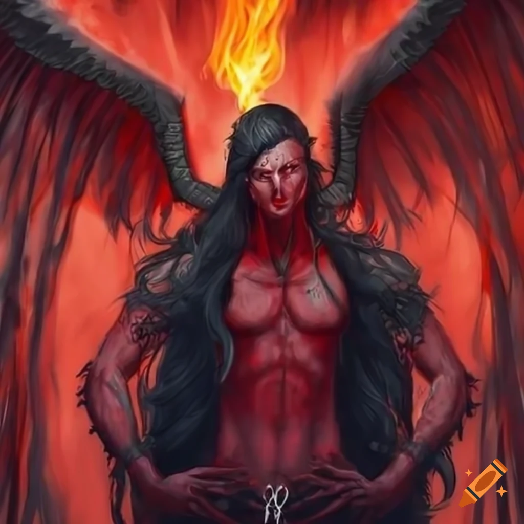 Red demon with black hair, flaming horns, and huge wings