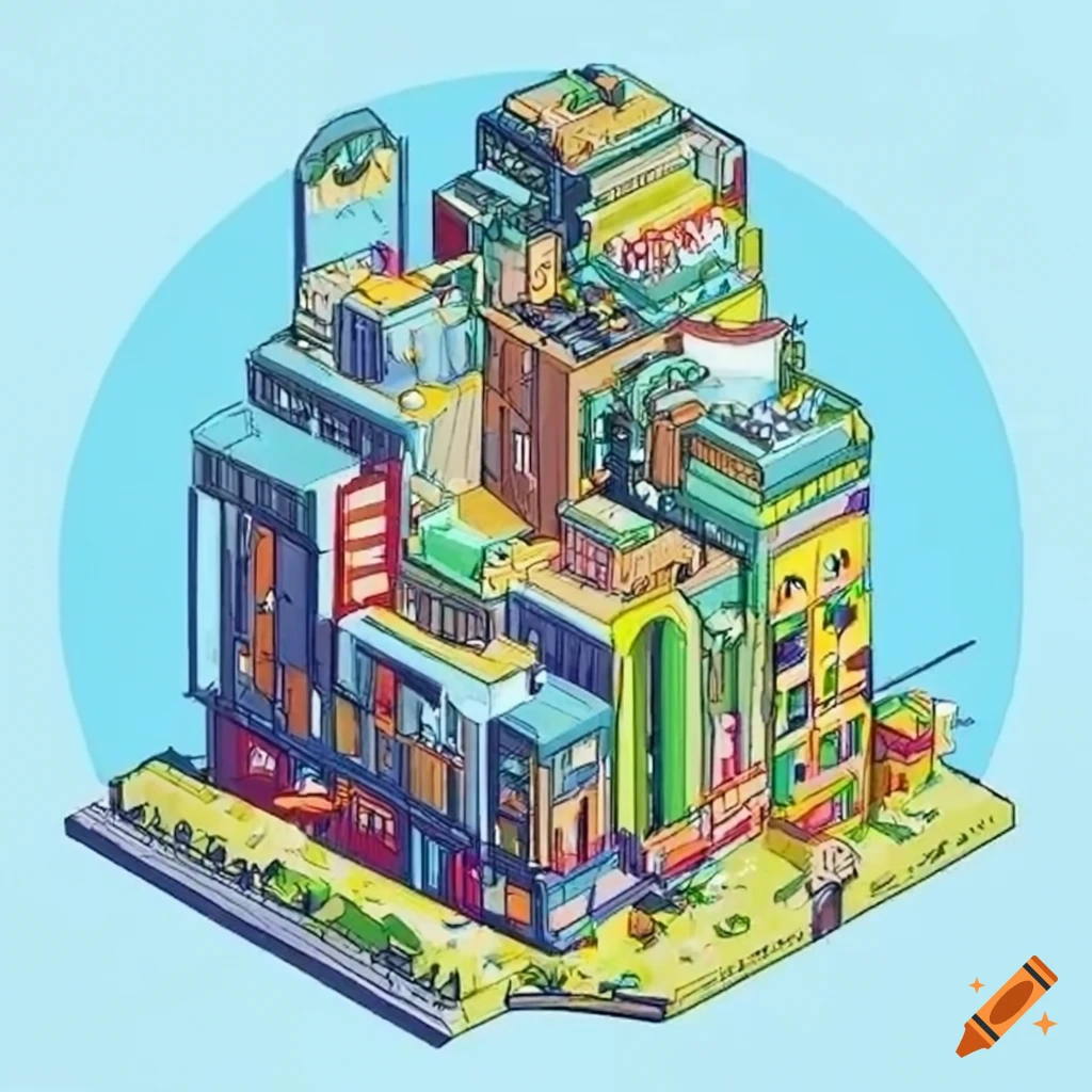 Isometric sci-fi skyscrapers in Studio Ghibli style
