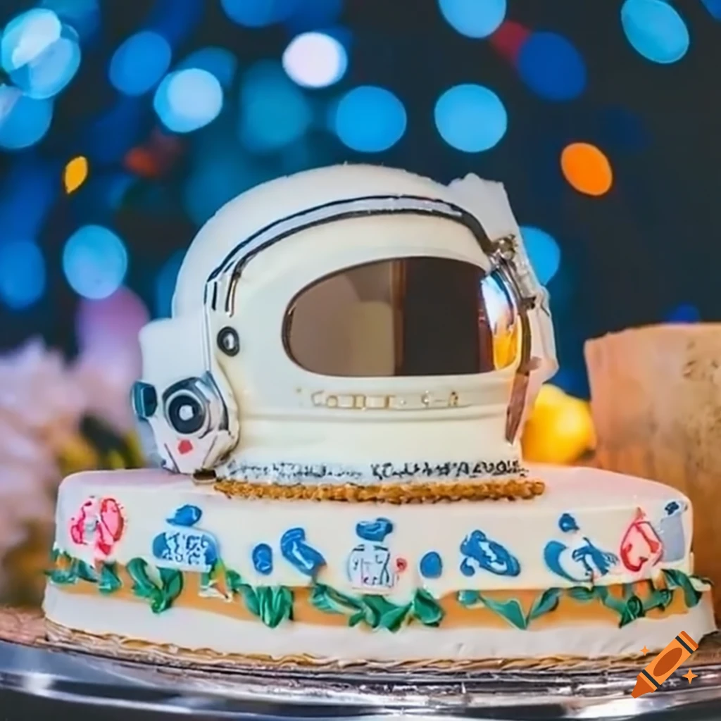 Astronaut themed birthday cake with an astronaut helmet