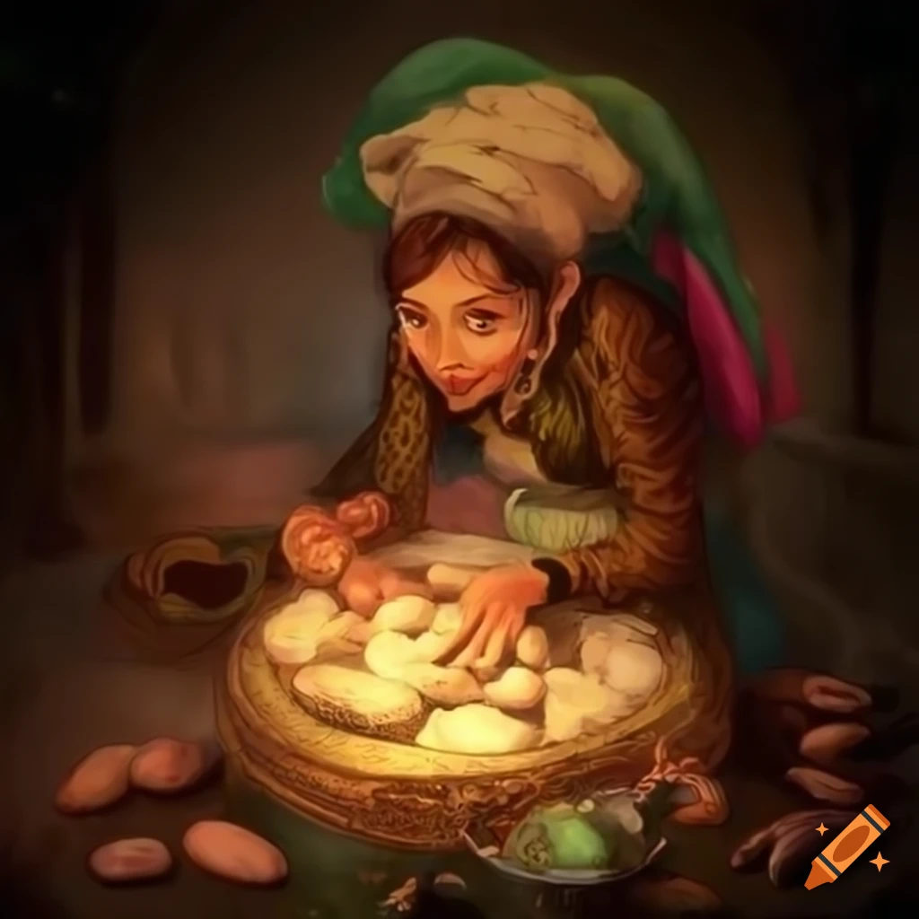Vendor selling magical beans at a market in fantasy art style