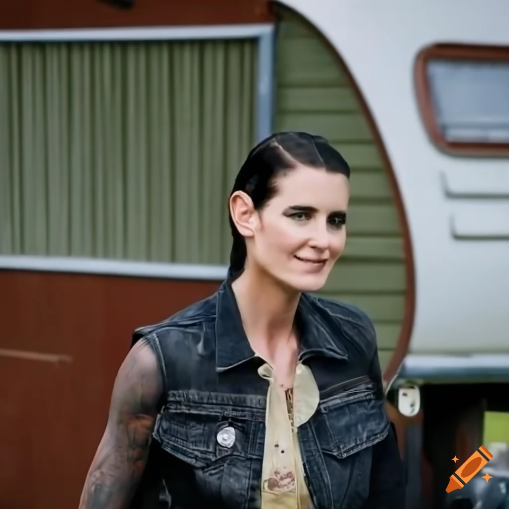 Young woman in outlaw biker style standing in doorway of caravan trailer