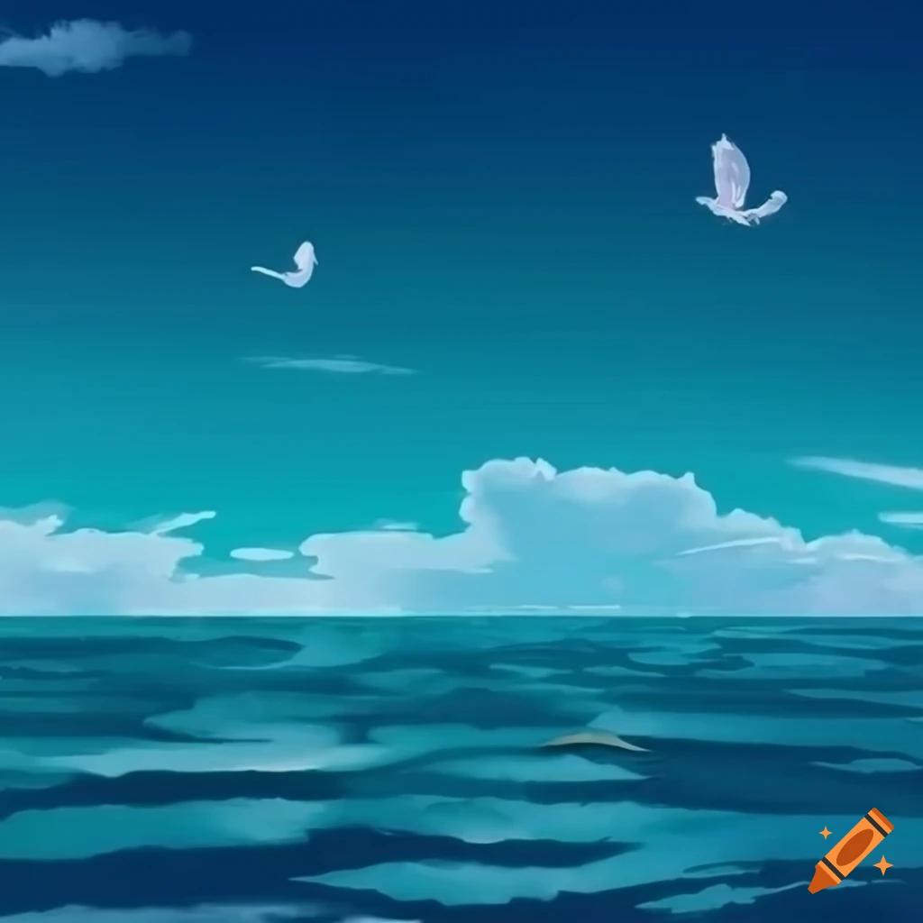 Anime 90s ocean aesthetics with jungle island, blue ocean, and flying