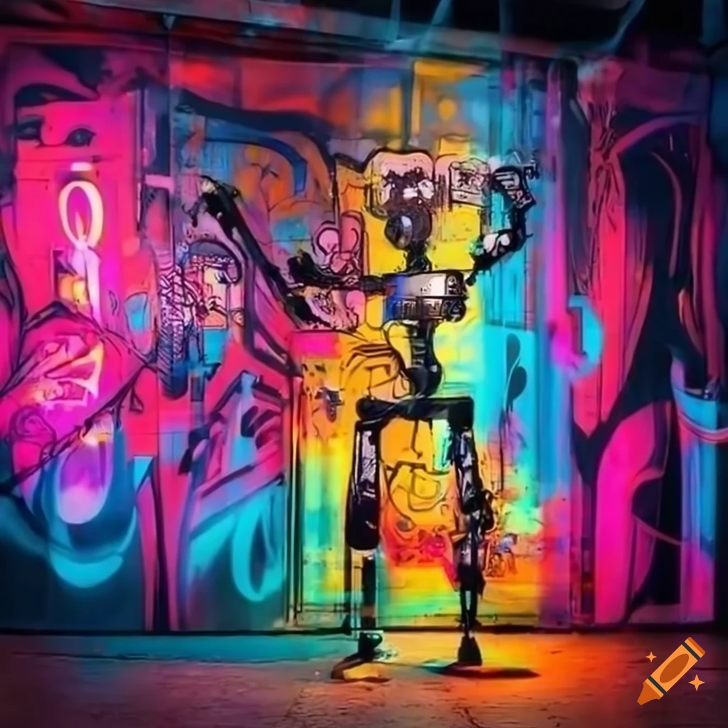 Robotic graffiti artist creating colorful street art on Craiyon