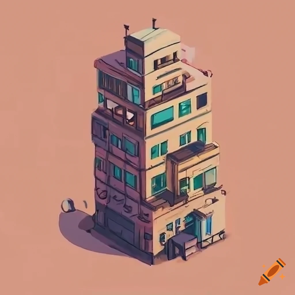 Modular sci-fi skyscraper with isometric exterior floors in Studio Ghibli style