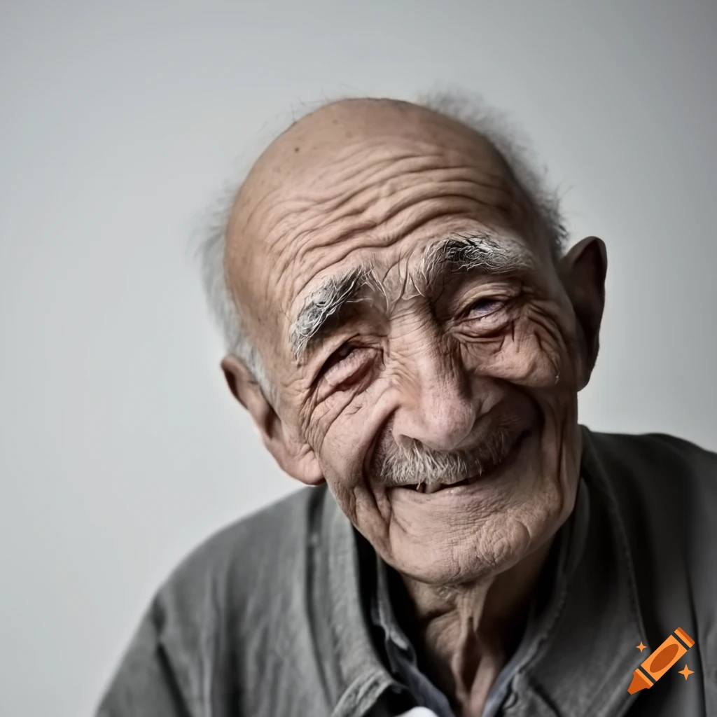Elderly French man smiling on a light white background