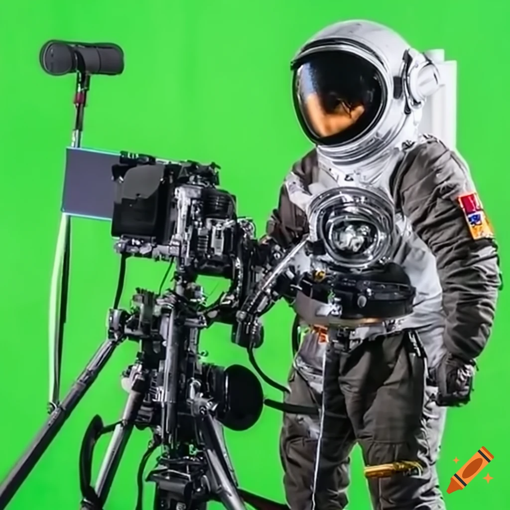 Astronaut on recording set with cameramen and green screen, raw image