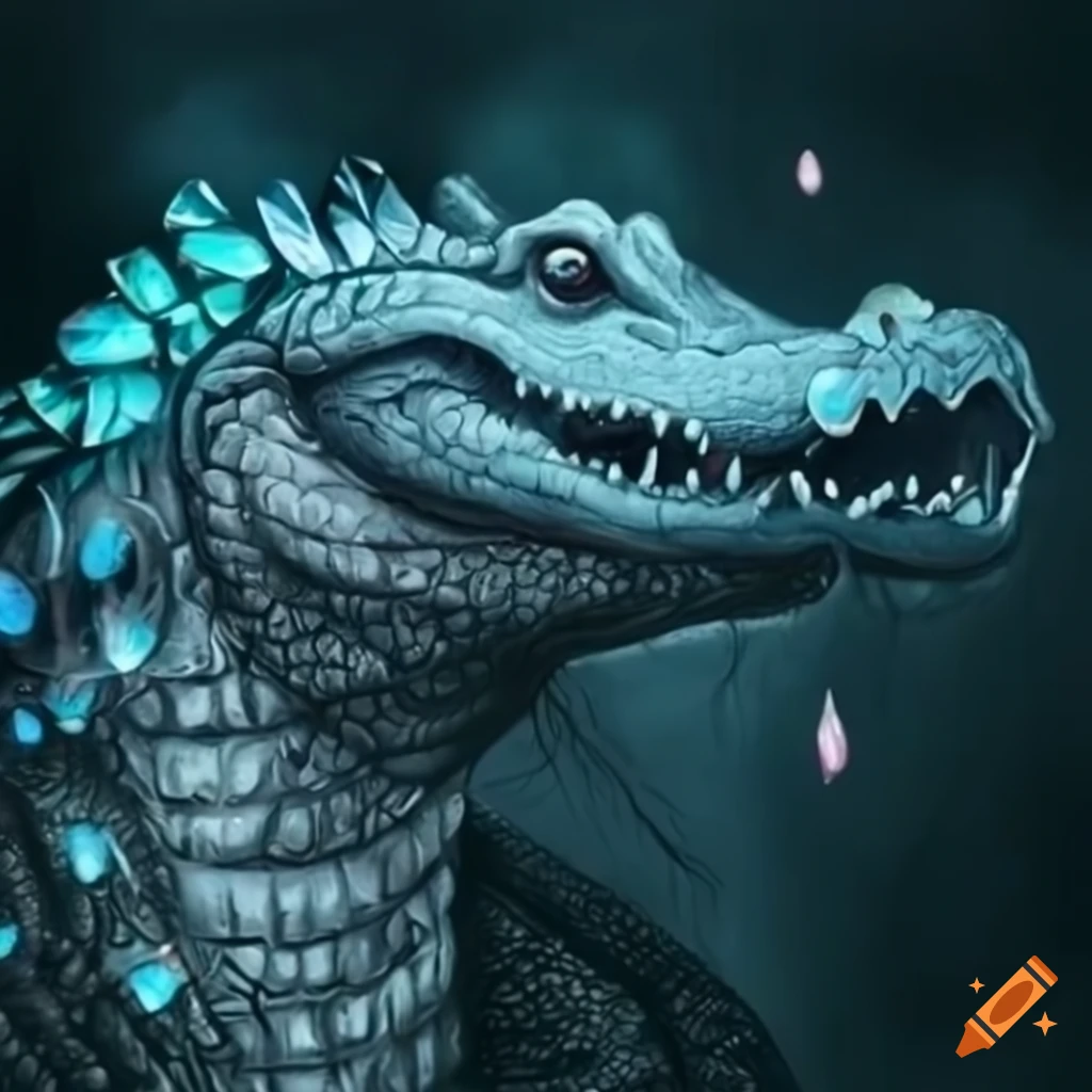 Mythical alligator with glowing crystals in a dark forest
