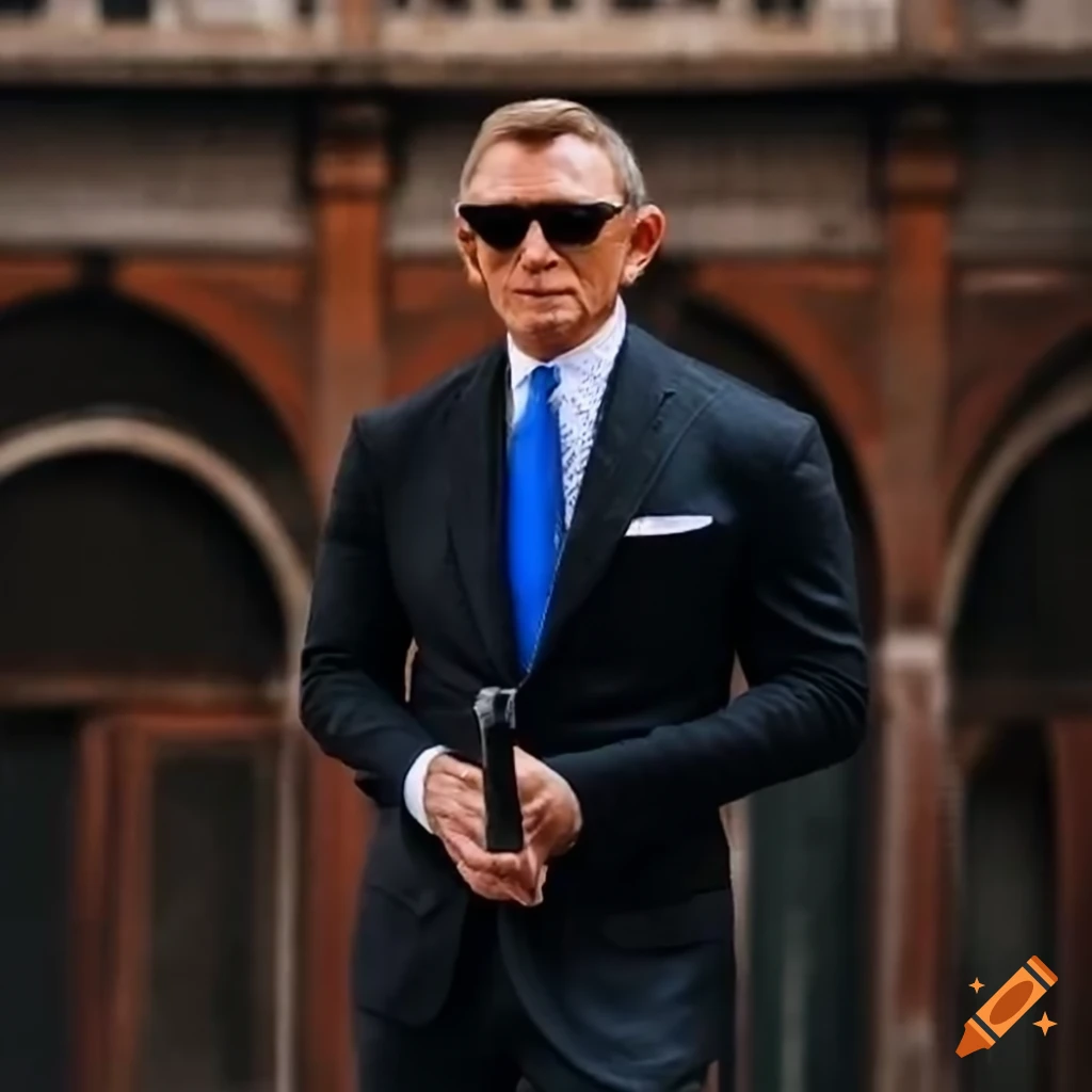 Spy James Bond in a suit walking through Venice canals