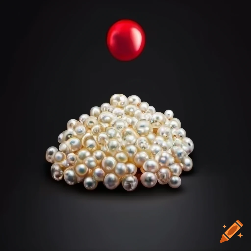 Pile of one thousand white pearls with one red pearl on top on a black background