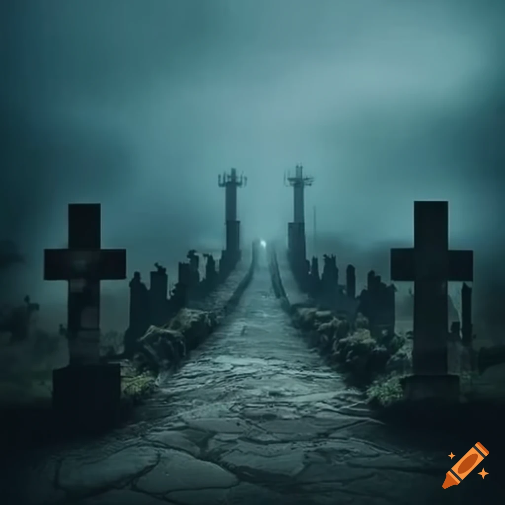Technologically-advanced cemetery on a hill in a stormy atmosphere