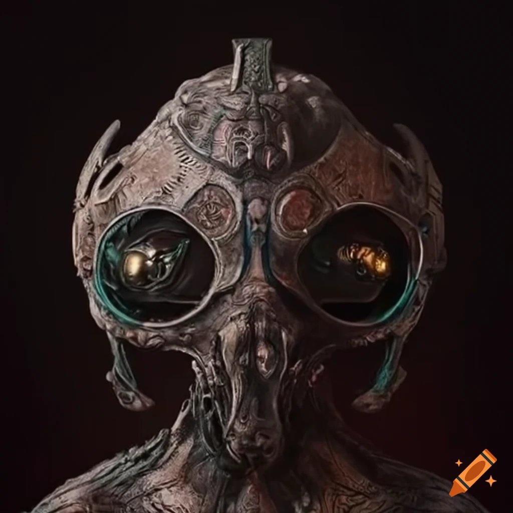 Intricately detailed Lovecraftian-inspired space helmet