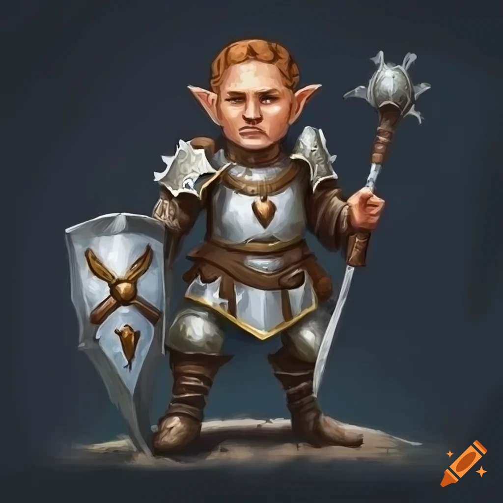 Halfling cleric in paladin armor wielding a one-handed mace