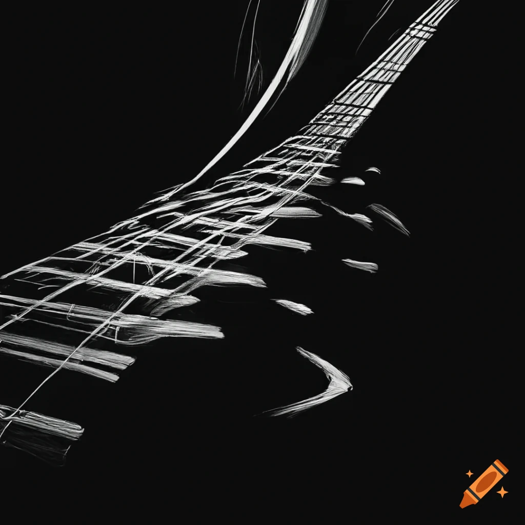 Detailed pencil drawing of bass guitar strings hidden behind hair