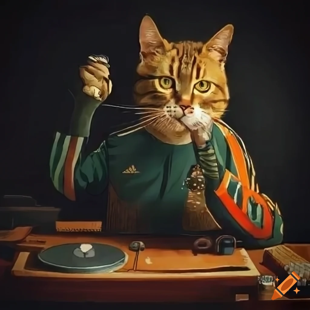Cat in adidas tracksuit smoking cigar with vinyl records and turntables in a Van Gogh style apartment