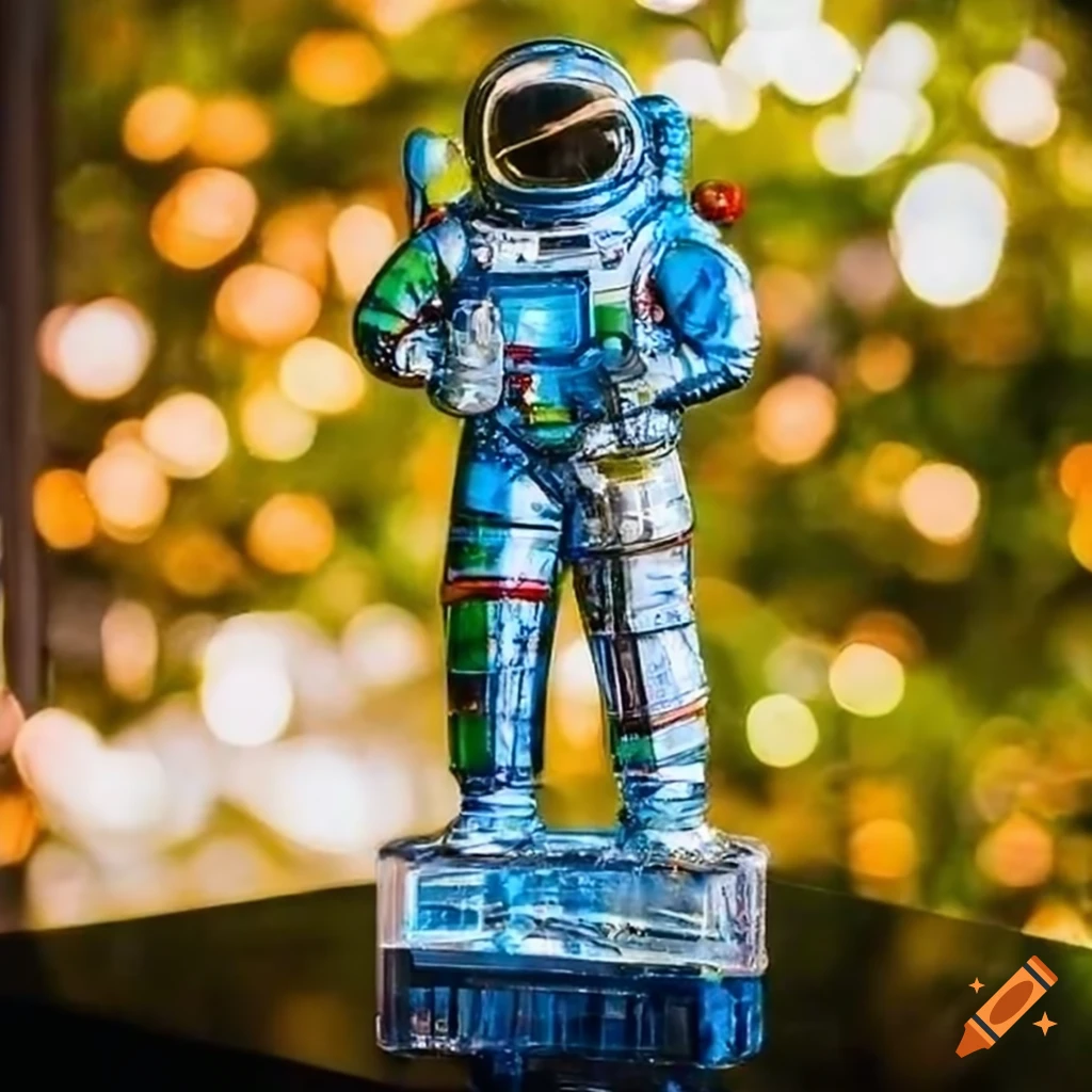 Colorful stained glass art sculpture of an astronaut on a table
