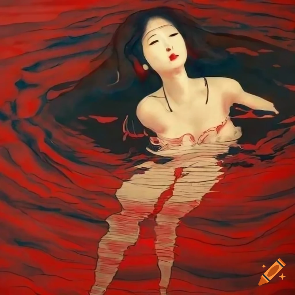 Woman floating in red water in Japanese art style
