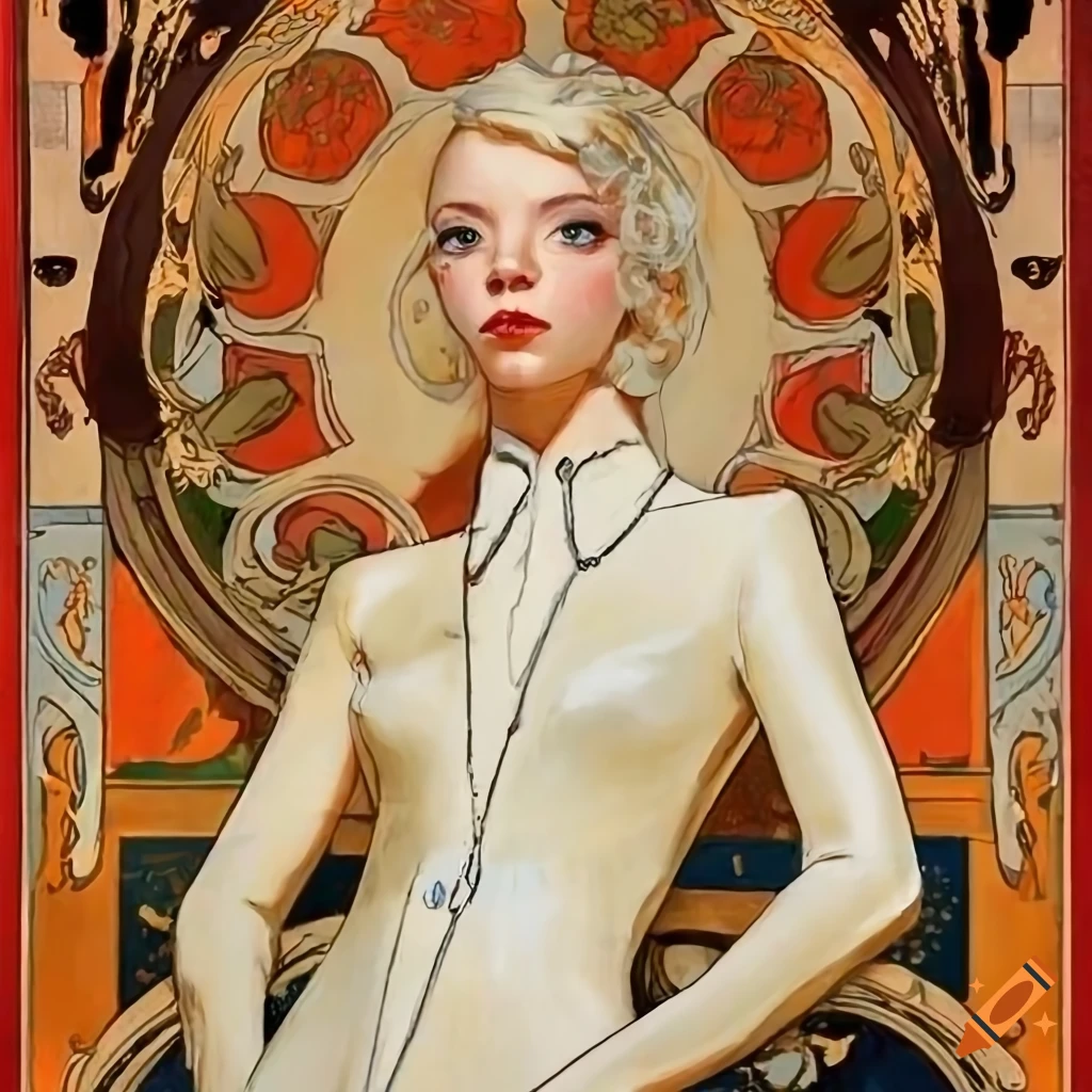 Retro sci-fi fantasy girl in cream catsuit with intense eyes and platinum blonde ringlets
