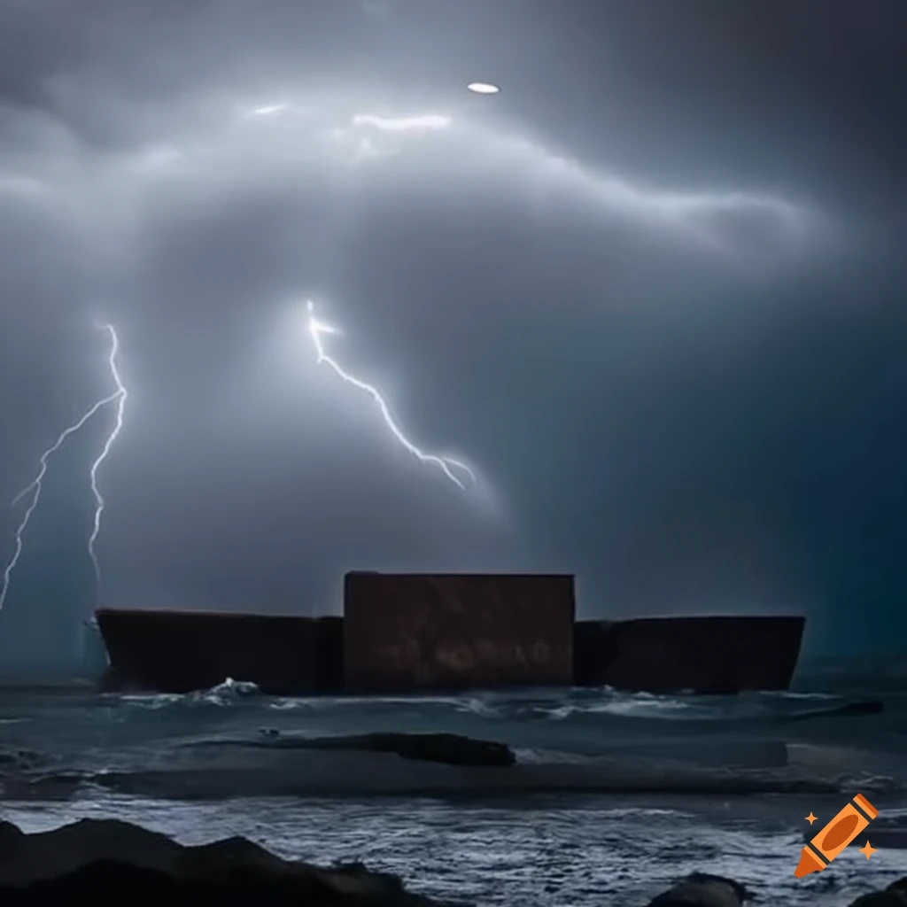 Noah's ark navigating stormy seas during a thunderstorm on Craiyon